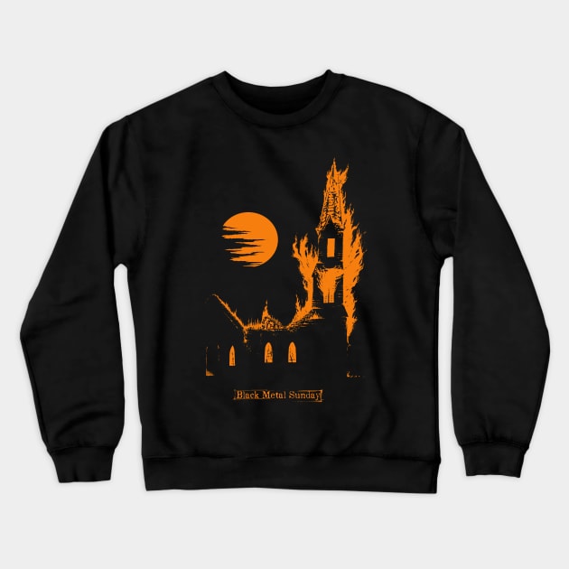 Black Metal Sunday (orange version) Crewneck Sweatshirt by wildsidecomix